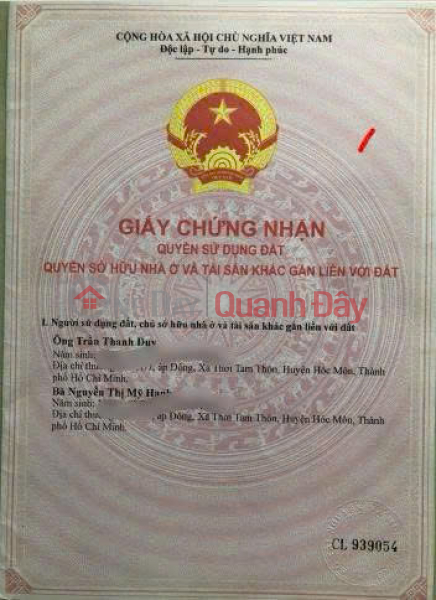 CHÍNH CHỦ CẦN BÁN NHÀ 1/Đường Trịnh Thị Miếng, Xã Thới Tam Thôn, Huyện Hóc Môn, TP HCM Việt Nam | Bán | đ 5,4 tỷ