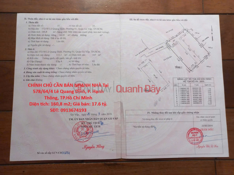 OWNER NEEDS TO SELL HOUSE QUICKLY at Le Quang Dinh Street, Ward 1, Go Vap District, Ho Chi Minh City Sales Listings