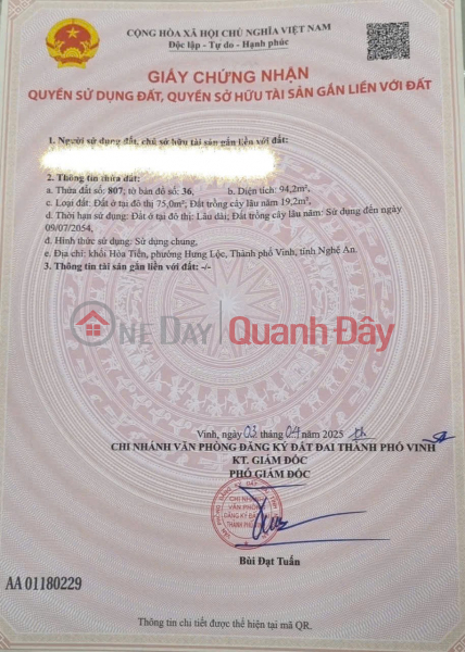 LAND OWNED BY THE OWNER - GOOD PRICE - LAND FOR SALE IN HOA TIEN BLOCK, HUNG LOC WARD, VINH CITY, NGHE AN PROVINCE Sales Listings