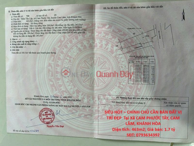 SUPER HOT – OWNER NEEDS TO SELL LAND IN A PRIME LOCATION in Cam Phuoc Tay Commune, Cam Lam District, Khanh Hoa Province Sales Listings