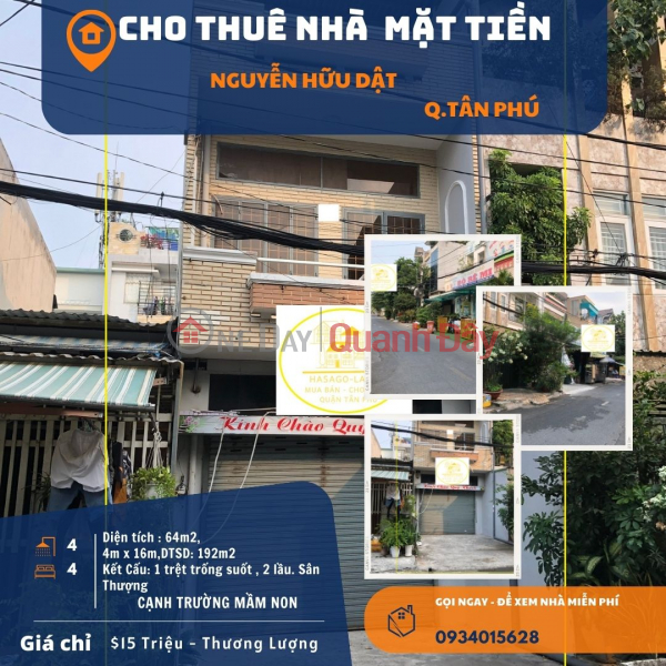Cho thuê nhà Mặt Tiền Nguyễn Hữu Dật 64m2, 2Lầu, 15 triệu Niêm yết cho thuê