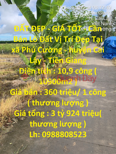 ĐẤT ĐẸP - GIÁ TỐT - Cần Bán Lô Đất Vị Trí Đẹp Tại xã Phú Cường - huyện Cai Lậy - Tiền Giang Niêm yết bán