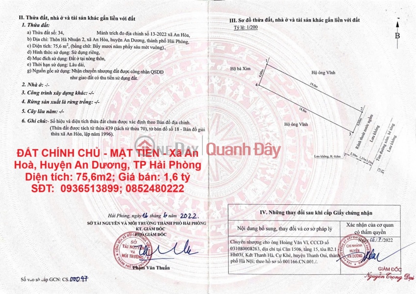OWNER'S LAND - FRONTAGE - An Hoa Commune, An Duong District, Hai Phong City Sales Listings
