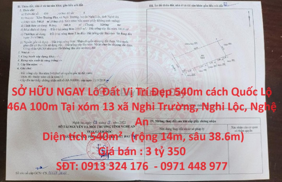 SỞ HỮU NGAY Lô Đất Vị Trí Đẹp 540m cách Quốc Lộ 46A 100m Niêm yết bán