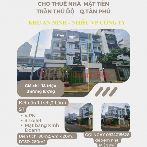 Cho thuê nhà mặt tiền Trần Thủ Độ 80m2, 2Lầu+ST, 18Triệu Niêm yết cho thuê