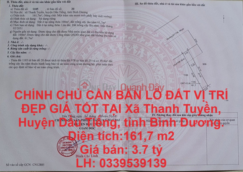 CHÍNH CHỦ CẦN BÁN LÔ ĐẤT VỊ TRÍ ĐẸP GIÁ TỐT TẠI Dầu Tiếng, Bình Dương .LH 0339539139 Niêm yết bán