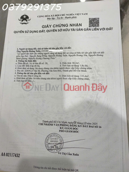 Chính chủ bán nhà riêng 1 trệt + 1 lầu Lê Văn Sỹ, P. Tân Sơn Hòa, DT 80.2 m2, 23 tỷ có TL Việt Nam, Bán | đ 23 tỷ