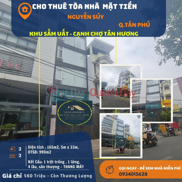 Cho thuê Tòa nhà Mặt Tiền Nguyễn Súy 165m2, 5 Lầu, gần chợ TÂN HƯƠNG Niêm yết cho thuê