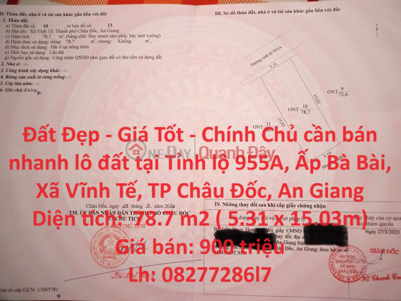 Beautiful Land - Good Price - Owner needs to quickly sell land lot in Vinh Te Commune, Chau Doc City, An Giang Sales Listings