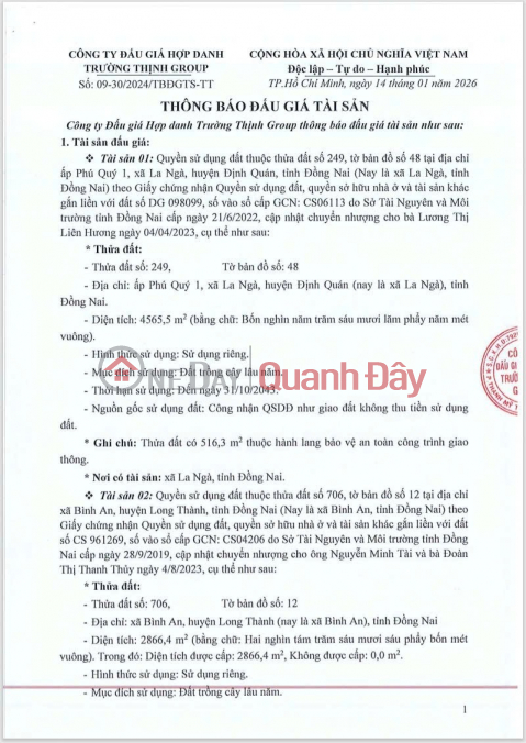 Ngân Hàng BIDV Bán đấu Giá Công Khai Lô Đất Tại Xã Bình An, Long Thành, Đồng Nai _0