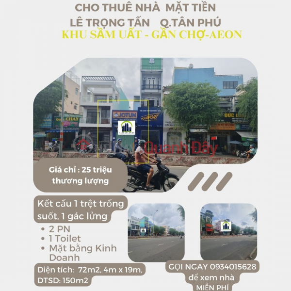 Cho thuê nhà mặt tiền Lê Trọng Tấn 72m2, 25Triệu- NGAY CHỢ SƠN KỲ Niêm yết cho thuê