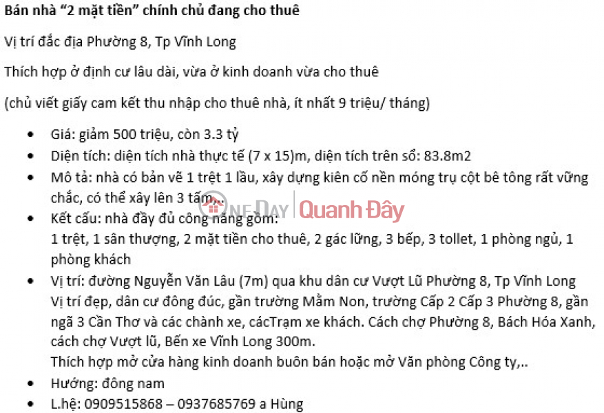 Property Search Vietnam | OneDay | Nhà ở | Niêm yết bán BÁN CĂN NHÀ 2 MẶT TIỀN CHÍNH CHỦ ĐANG CHO THUÊ Vị trí Đắc Địa Phường 8, Vĩnh Long