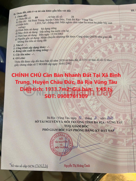 CHÍNH CHỦ Cần Bán Nhanh Đất Tại Xã Bình Trung, Huyện Châu Đức, Bà Rịa Vũng Tàu Niêm yết bán