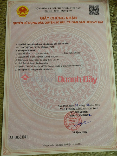 ĐẦU TƯ LÀ SINH LỜI - CHÍNH CHỦ Cần Bán Lô Đất MẶT TIỀN Thôn Vũ Xuyên, Xã Yên Dương, Ý Yên - Nam Định Niêm yết bán