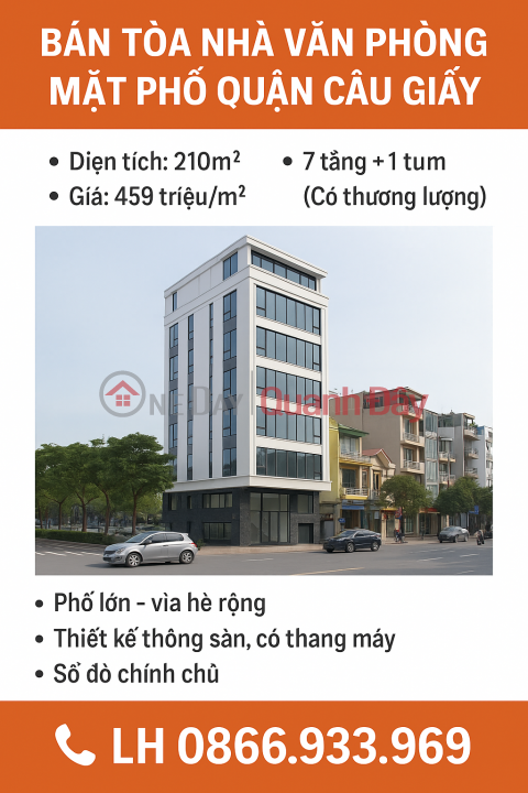BÁN TÒA NHÀ VĂN PHÒNG MẶT PHỐ TT CẦU GIẤY, KINH DOANH, 210M2 7T +TUM, 459T/M _0