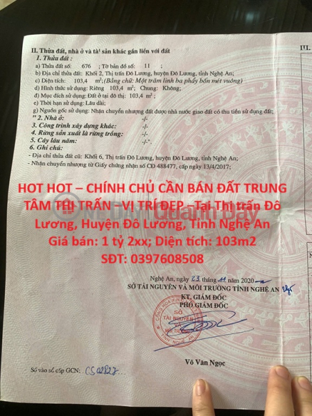 HOT HOT – CHÍNH CHỦ CẦN BÁN ĐẤT TRUNG TÂM THỊ TRẤN –VỊ TRÍ ĐẸP –Tại TT. Đô Lương, Đô Lương, Nghệ An Niêm yết bán