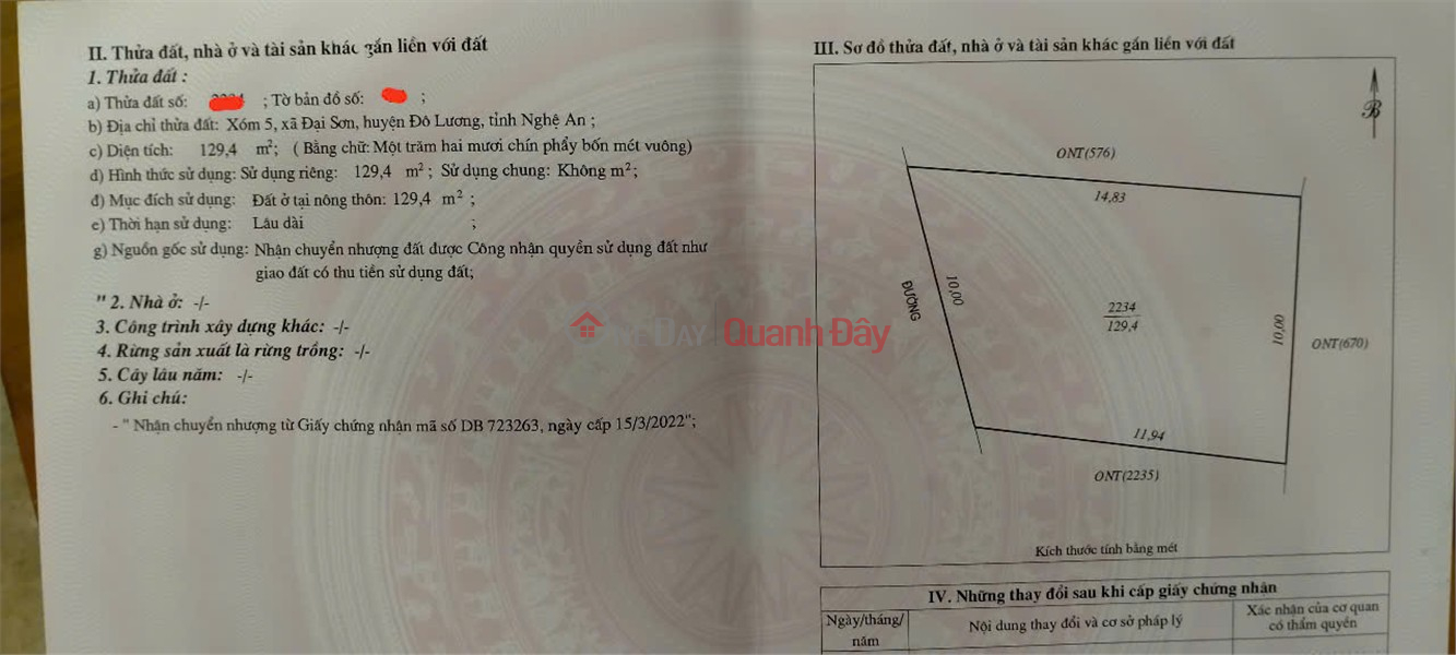 OWNER Needs to Sell Land at Hamlet 5, Dai Son Commune, Do Luong District, Nghe An Sales Listings