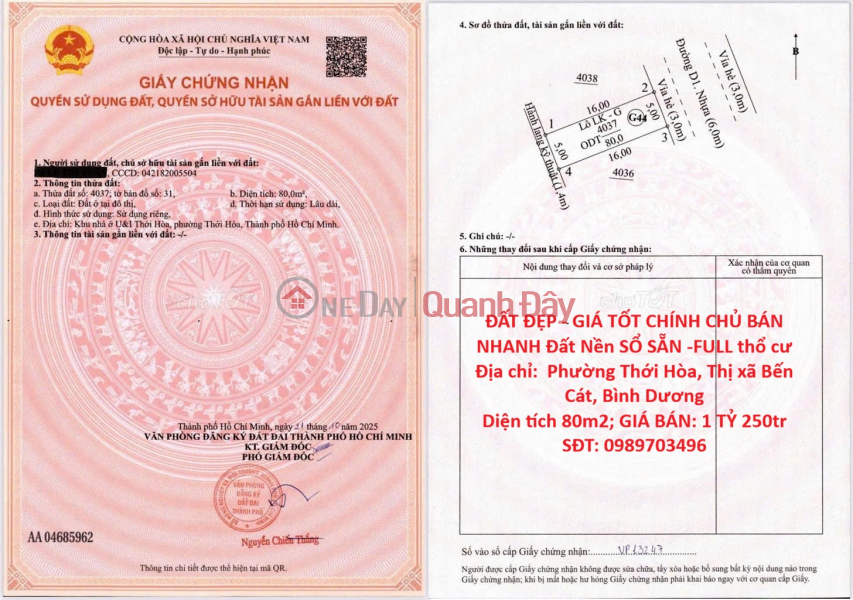 PRIME LAND - GREAT PRICE - OWNER SELLING QUICKLY Land Plot with READY TITLE DEED - FULL RESIDENTIAL LAND in Thoi Hoa Ward, Ben Cat Sales Listings
