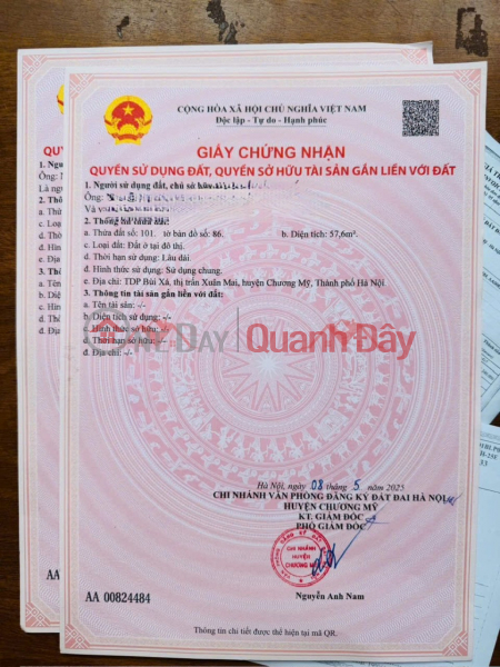 OWNER URGENTLY NEEDS TO SELL 2 LOT OF LAND 56 AND 57.6 METERS IN CENTER CXUAAN MAI-CHUONG MY-HANOI | Vietnam, Sales, đ 2.4 Billion