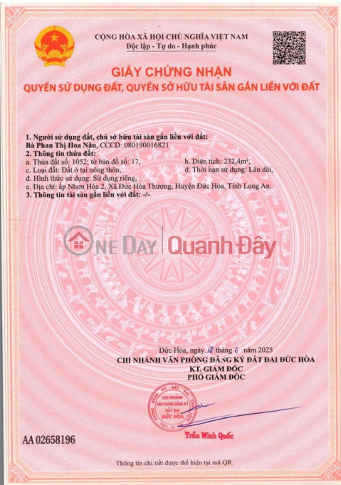 HOT ! HOT ! HOT ! OWNER NEEDS TO SELL LAND LOT IN Duc Hoa Thuong Commune, Duc Hoa District, Long An Province. _0