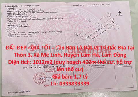 ĐẤT ĐẸP - GIÁ TỐT - Cần Bán Lô Đất Vị Trí Đắc Địa Tại Thôn 3, Xã Mê Linh, Huyện Lâm Hà, Lâm Đồng _0