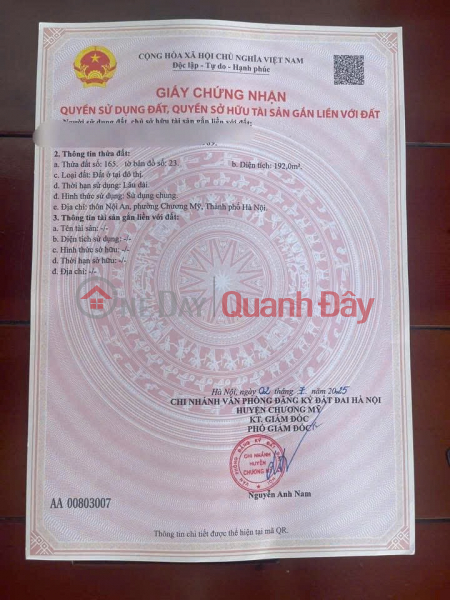 đ 10 Million, OWNER NEEDS TO SELL 192M2 LAND LOT IN DAI YEN-CHUONG MY-HANOI<br \\/> SEPARATE 2 LOTS