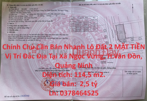 Chính Chủ Cần Bán Nhanh Lô Đất 2 MẶT TIỀN Vị Trí Đắc Địa Tại Xã Ngọc Vừng, H.Vân Đồn, Quảng Ninh _0