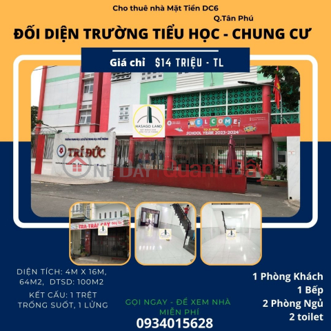 Cho thuê nhà Mặt Tiền gần AEON 64m2, 1L, 14triệu, đối diện trường - chung cư _0