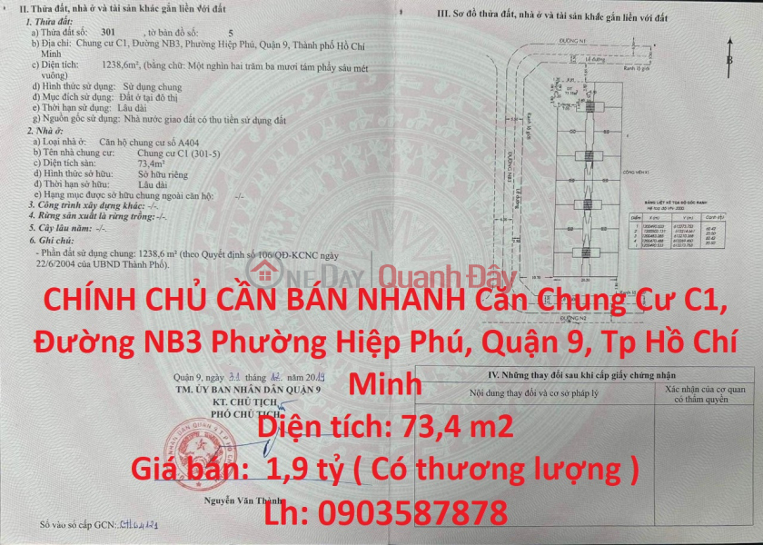 CHÍNH CHỦ CẦN BÁN NHANH Căn Chung Cư C1, Đường NB3 Quận 9 - TP Hồ Chí Minh Niêm yết bán