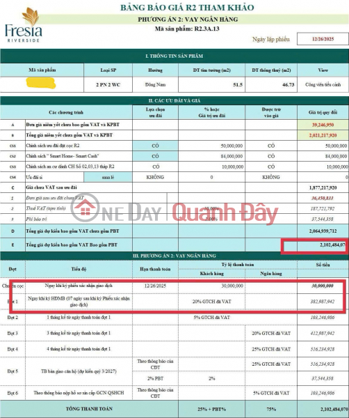 đ 2.1 Billion | Apartment for sale at developer's initial price, river view, 2 bedrooms - 2 bathrooms, 51.5m2, fully furnished, only 2.1 billion VND.