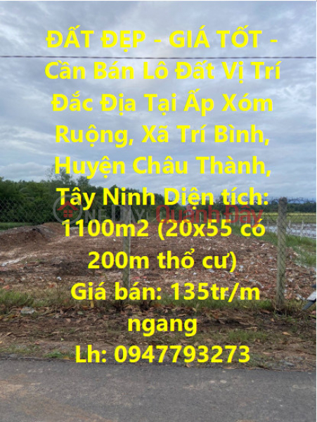 ĐẤT ĐẸP - GIÁ TỐT - Cần Bán Lô Đất Vị Trí Đắc Địa Tại Huyện Châu Thành, Tây Ninh Niêm yết bán