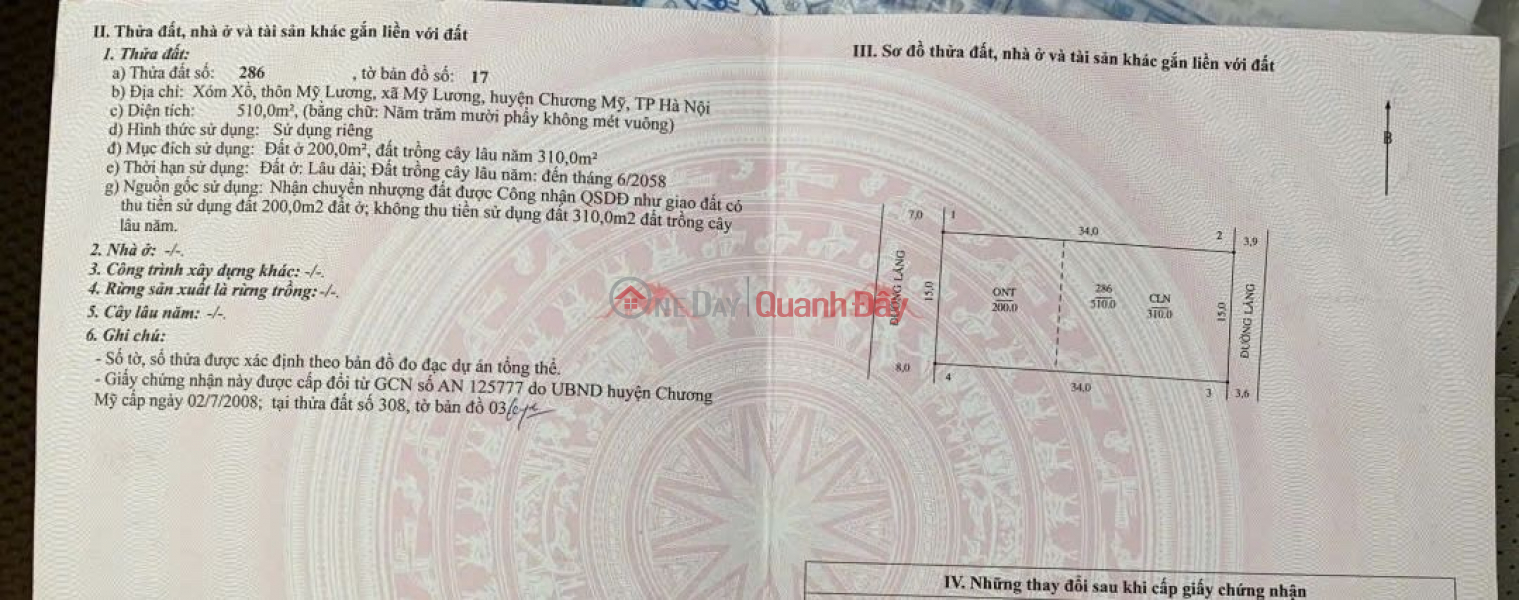 CHÍNH CHỦ CẦN BÁN LÔ ĐẤT 510M TẠI MỸ LƯƠNG-CHƯƠNG MỸ-HÀ NỘI | Việt Nam Bán, đ 6,8 tỷ