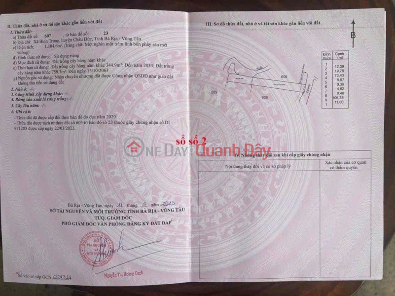 I am the owner and I need to sell a plot of land (sào) with frontage on a paved road in Binh Trung commune, Chau Duc district, Vung Tau. Sales Listings