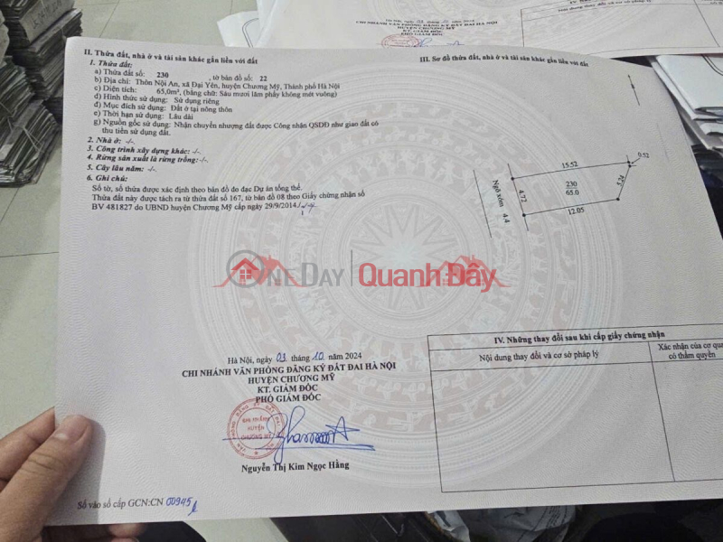 đ 2,6 tỷ CHÍNH CHỦ CẦN BÁN LÔ ĐẤT 65M TẠI ĐẠI YÊN-CHƯƠNG MỸ-HÀ NỘI