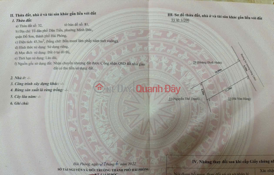 LÔ ĐẸP 45.5M² MINH ĐỨC – NAM ĐỒ SƠN, GIÁ HIẾM DƯỚI 800 TRIỆU ZALO 0567 222 555 Niêm yết bán