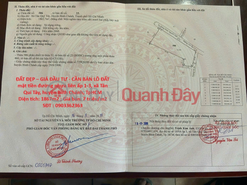 ĐẤT ĐẸP – GIÁ ĐẦU TƯ - CẦN BÁN LÔ ĐẤT mặt tiền đường nhựa liên ấp 1-3, xã Tân Quí Tây, huyện Bình Chánh, _0