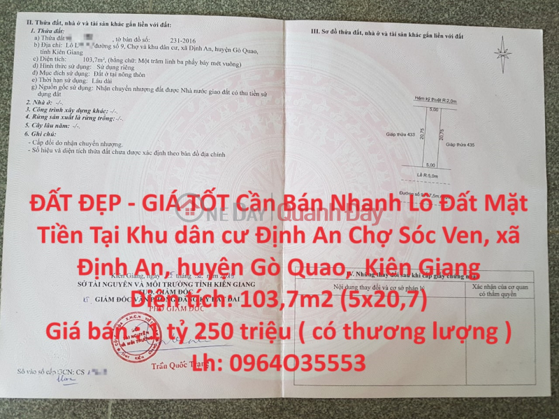 BEAUTIFUL LAND - GOOD PRICE For Quick Sale Front Lot In Dinh An Residential Area Cho Soc Ven Go Quao Sales Listings