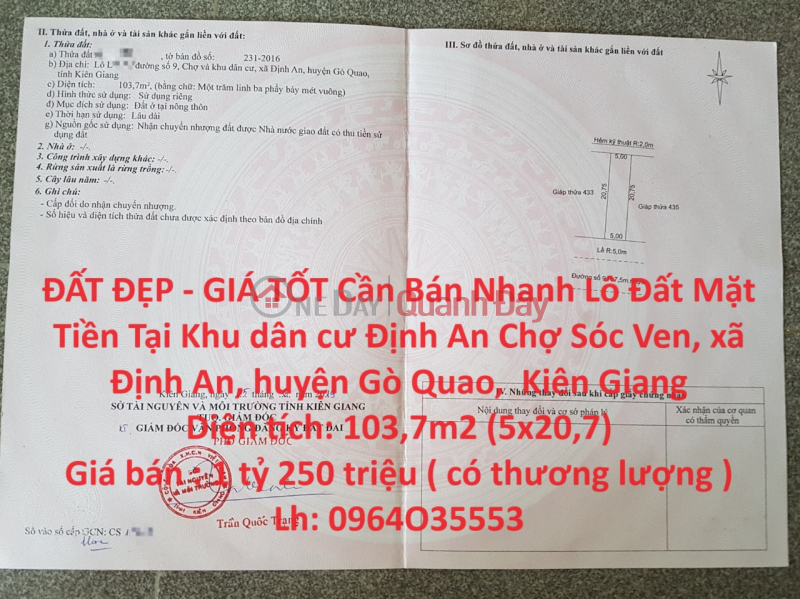 ĐẤT ĐẸP - GIÁ TỐT Cần Bán Nhanh Lô Đất Mặt Tiền Tại Khu dân cư Định An Chợ Sóc Ven Gò Quao Niêm yết bán