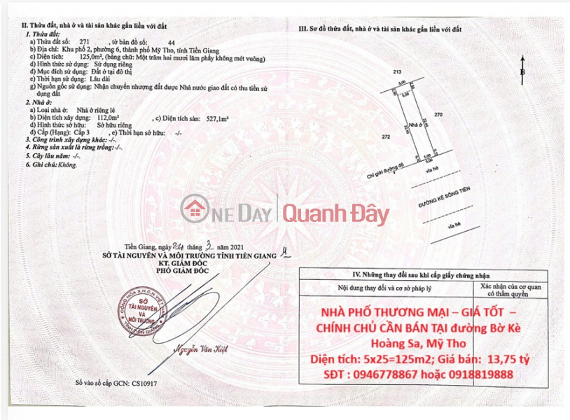 COMMERCIAL TOWNHOUSE – GOOD PRICE – OWNER FOR SALE ON Hoang Sa Embankment Street, My Tho Sales Listings