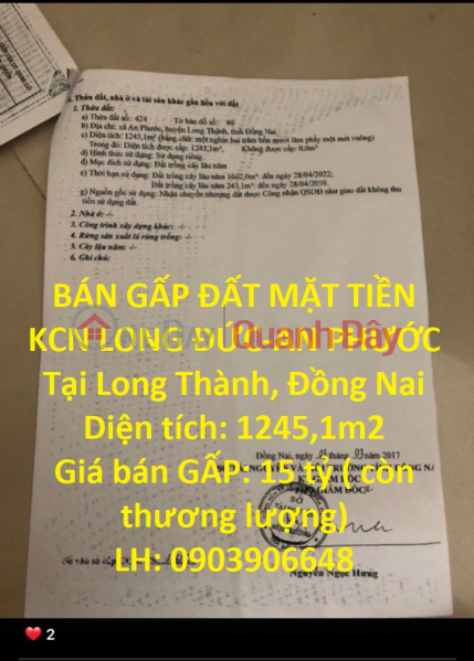 BÁN GẤP ĐẤT MẶT TIỀN KCN LONG ĐỨC-AN PHƯỚC Tại Long Thành, Đồng Nai Niêm yết bán