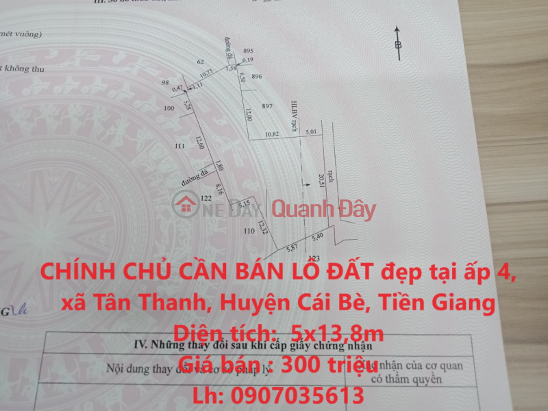 CHÍNH CHỦ CẦN BÁN LÔ ĐẤT đẹp tại ấp 4, xã Tân Thanh, Huyện Cái Bè, Tiền Giang Niêm yết bán