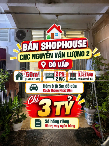 Bán Shophouse trệt CC Nguyễn Văn Lượng 2 ,Gò Vấp 50m2, hẻm 5m chỉ 3tỷ Niêm yết bán