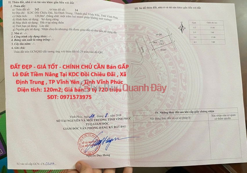 ĐẤT ĐẸP - GIÁ TỐT - CHÍNH CHỦ CẦN Bán GẤP Lô Đất Tiềm Năng Tại ĐỊNH TRUNG - VĨNH YÊN. Niêm yết bán