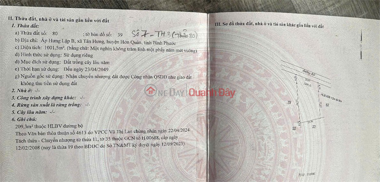 HOT HOT - LAND FOR SALE IN Hung Loc B Hamlet, Tan Hung Commune, Hon Quan District, Binh Phuoc Province (formerly Tan Hung, Dong Nai Province) Sales Listings