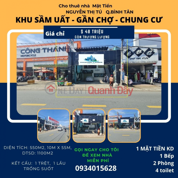 CHÍNH CHỦ-Cho thuê nhà mặt tiền Nguyễn Thị Tú 550m2,1Lầu, NGANG 10M Niêm yết cho thuê