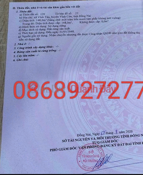 Owner Sells 148m2 Land In Vinh Tan Commune, Vinh Cuu District, Dong Nai _0