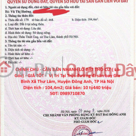 OWNER - URGENT SALE OF RESIDENTIAL LAND PLOT (CORNER PLOT) - GOOD PRICE - Located in Thu Lam Commune, Dong Anh District, Hanoi _0