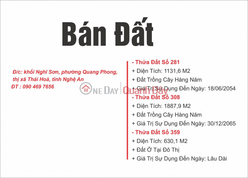 Đất Đẹp - Giá Tốt - Chính Chủ Cần Bán 3 Lô Đất Vị Trí Đẹp Tại Thị Xã Thái Hòa - Nghệ An Niêm yết bán