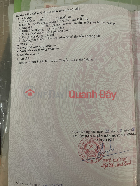 ĐẤT ĐẸP – GIÁ TỐT – CHÍNH CHỦ CẦN BÁN GẤP ĐẤT Tại Ea YÔNG, Krông Pắc, Đăk Lăk Niêm yết bán