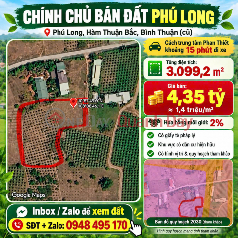 CHÍNH CHỦ BÁN HƠN 3.000m² ĐẤT VỊ TRÍ ĐẸP Tại THỊ TRẤN PHÚ LONG, HÀM THUẬN BẮC, BÌNH THUẬN _0